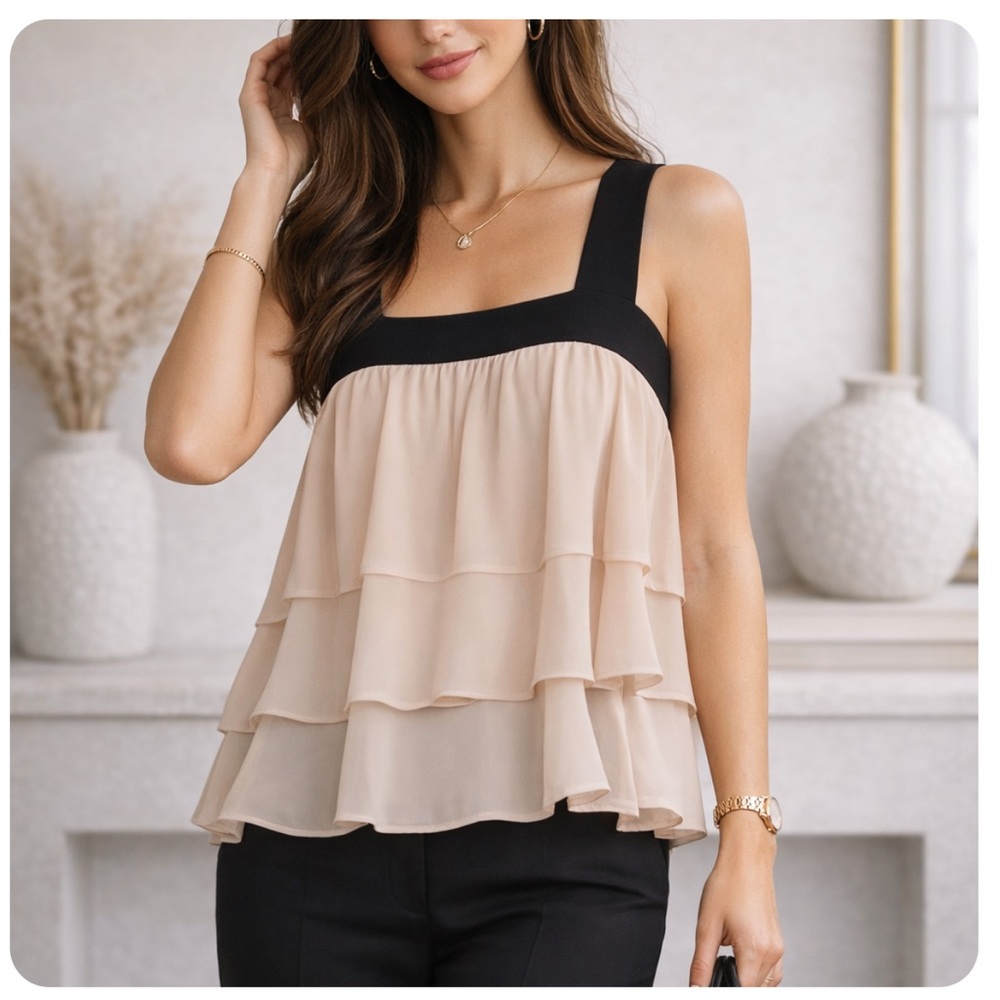 BCBGMaxAzria Jaklyn Sheer Tiered Chiffon Babydoll Tank Top Size L pale pink blac